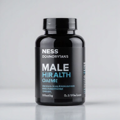 Frasco de suplemento de salud masculina con un diseño moderno.