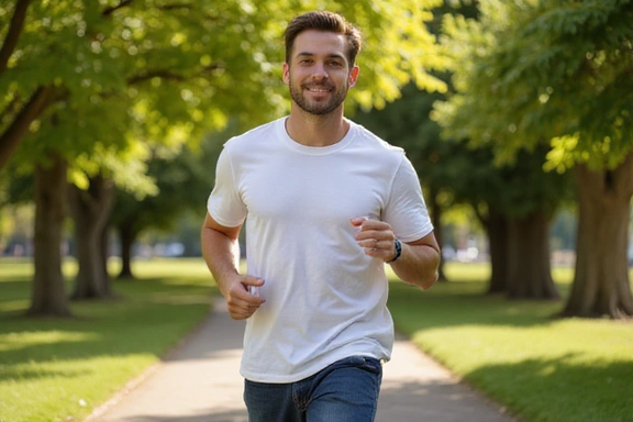 Hombre joven activo corriendo en un parque, simbolizando energía y bienestar.