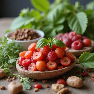 Ingredientes naturales como hierbas y bayas, representando la pureza de los productos.