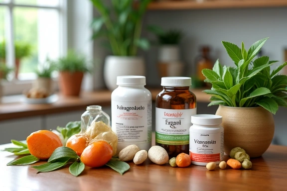 Suplementos vitamínicos y hierbas naturales en un mostrador de madera, enfocándose en la salud y el bienestar.