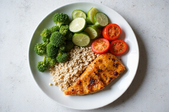 Un plato colorido y saludable con verduras frescas, proteínas y granos, simbolizando una dieta equilibrada.