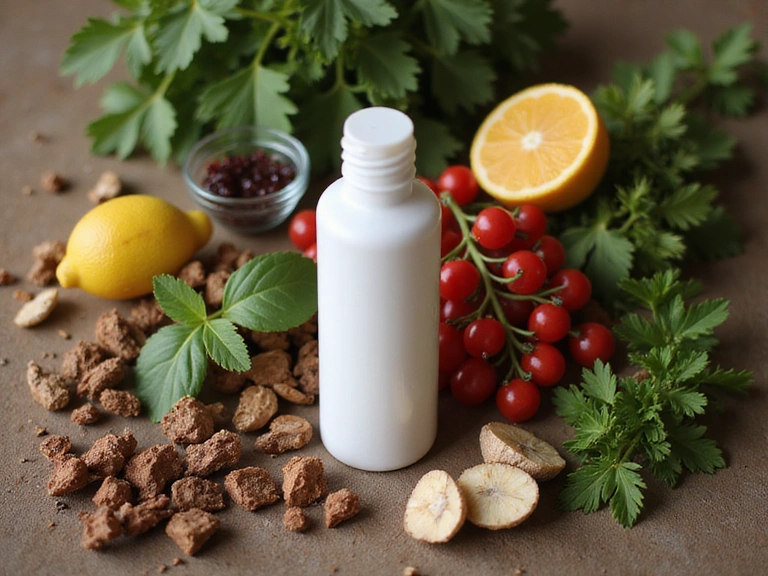Producto con ingredientes clave dispersos alrededor