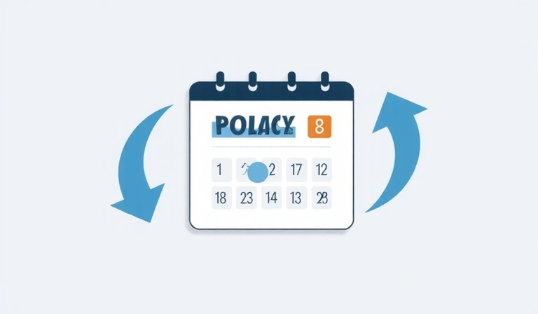 Calendario con una fecha marcada y flechas de actualización, simbolizando revisiones de políticas
