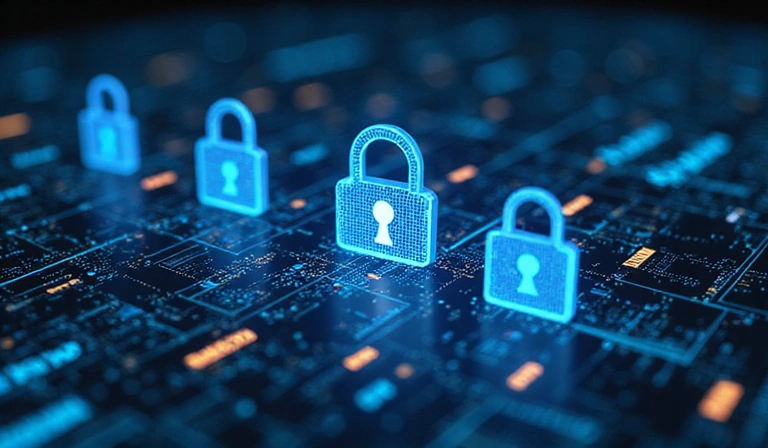Ilustración de seguridad de datos con candados y un escudo