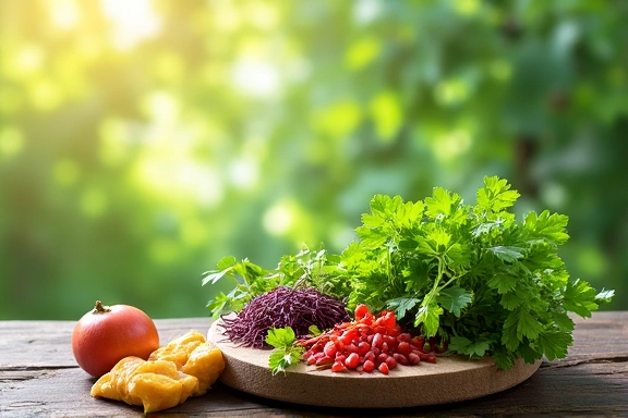Ingredientes botánicos frescos y hierbas en un entorno natural, simbolizando la pureza.